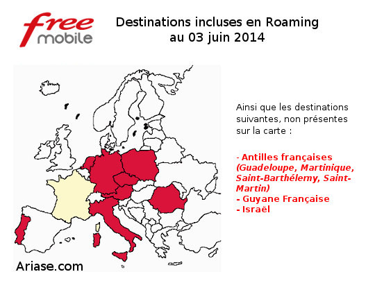 carte des destinations incluses en roaming chez free mobile