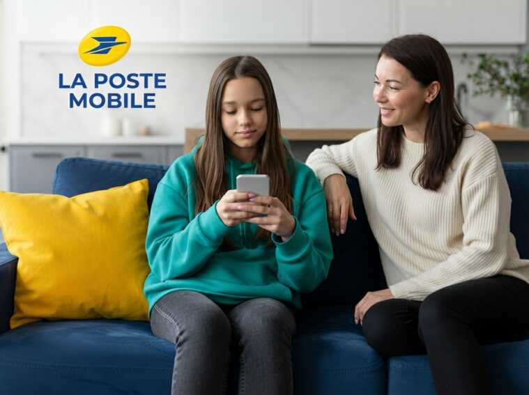 Maman sur canape surveille sa fille et son smartphone grâce au forfait -18 ans La Poste Mobile