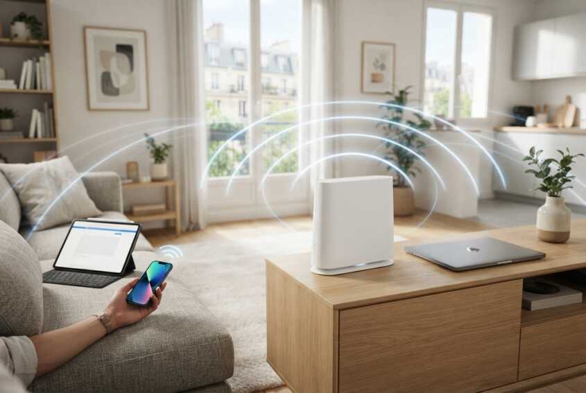 Box fibre blanche avec ondes Wi-Fi diffusées vers un smartphone, une tablette et un ordinateur portable.