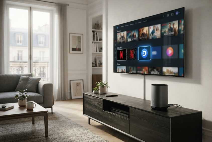 Box internet posée sur un meuble sous une télévision affichant une interface de streaming.