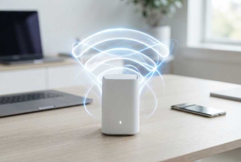 Box internet moderne au centre avec ondes Wi-Fi 7 lumineuses, entourée d'un smartphone et d'un ordinateur.