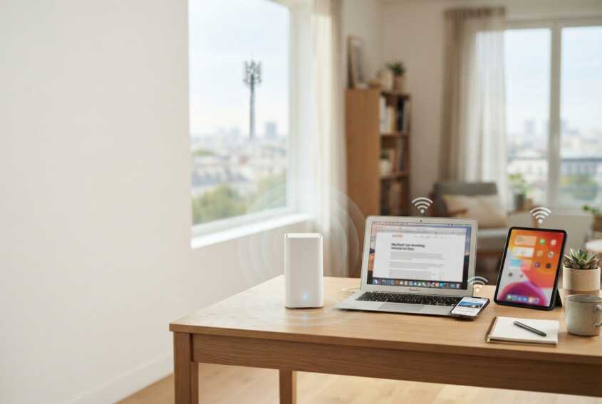Box Wi-Fi compacte sur un bureau avec ordinateur, smartphone et tablette connectés sans fil.