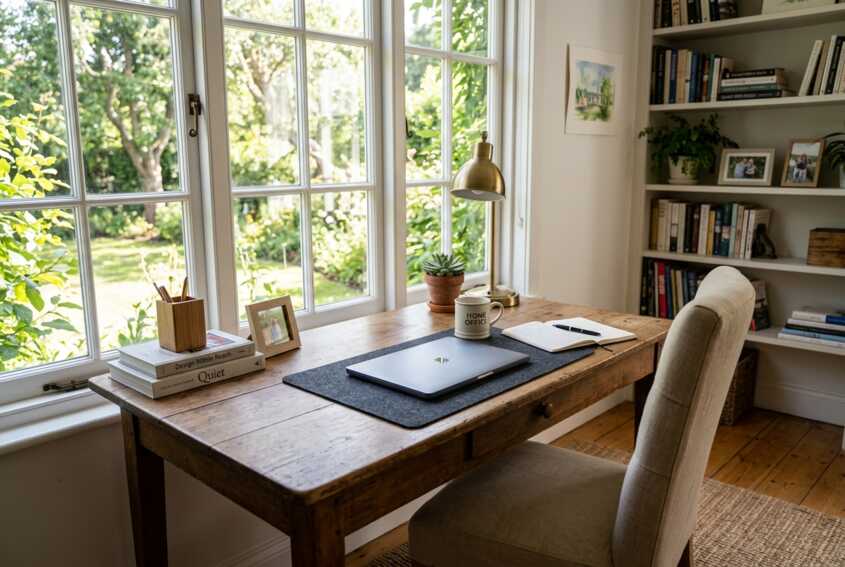 Un bureau avec un ordinateur portable fermé dans une pièce éclairée par la lumière du jour.