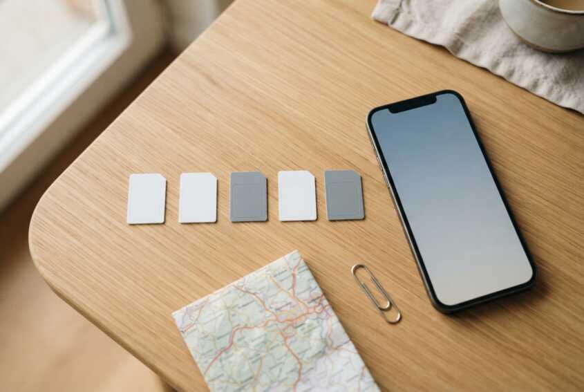Six cartes SIM, un smartphone sans logo, un trombone et une carte routière sur une table en bois.
