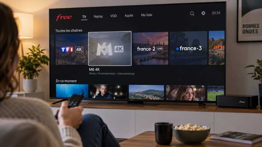Salon avec téléviseur 4K allumé affichant une chaîne standard, Freebox visible, illustrant l'arrêt du canal M6 4K.