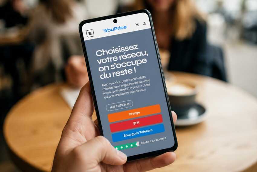 Femme aux cheveux roux devant les logos des opérateurs Orange, SFR et Bouygues Telecom sur fond bleu.