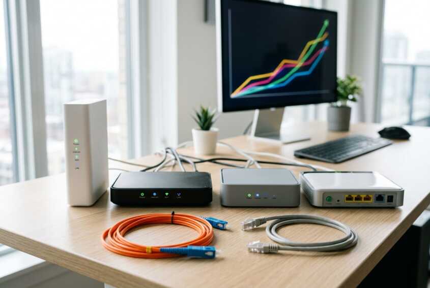 Quatre box internet alignées sur un bureau avec un câble fibre optique et une prise RJ45 en premier plan.