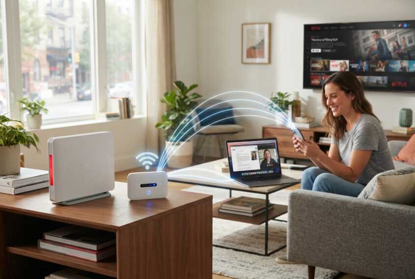 Box fibre avec voyant de panne et boîtier 4G de secours connectant un ordinateur, un smartphone et une télévision.