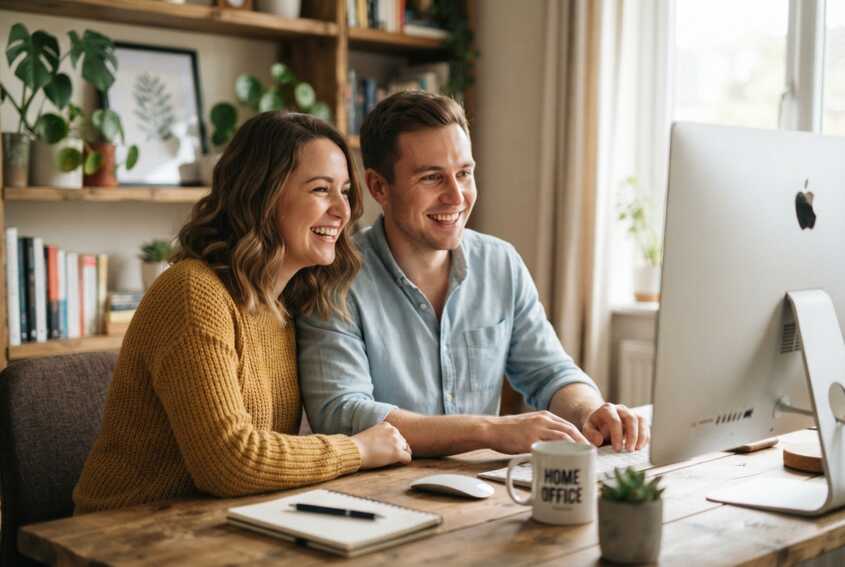 Un couple de jeunes adultes souriants regardant ensemble un ordinateur dans un bureau.