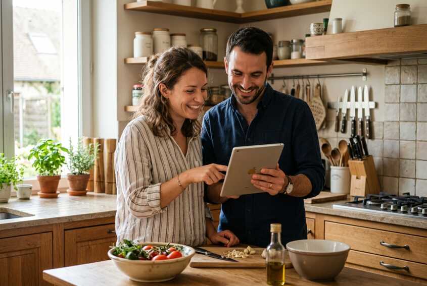 Un couple regarde une recette sur une tablette dans une cuisine éclairée par la lumière du jour.