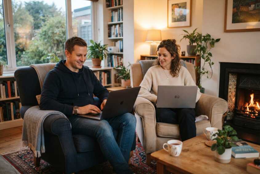 Un couple assis dans des fauteuils, chacun utilisant un ordinateur portable sur ses genoux.