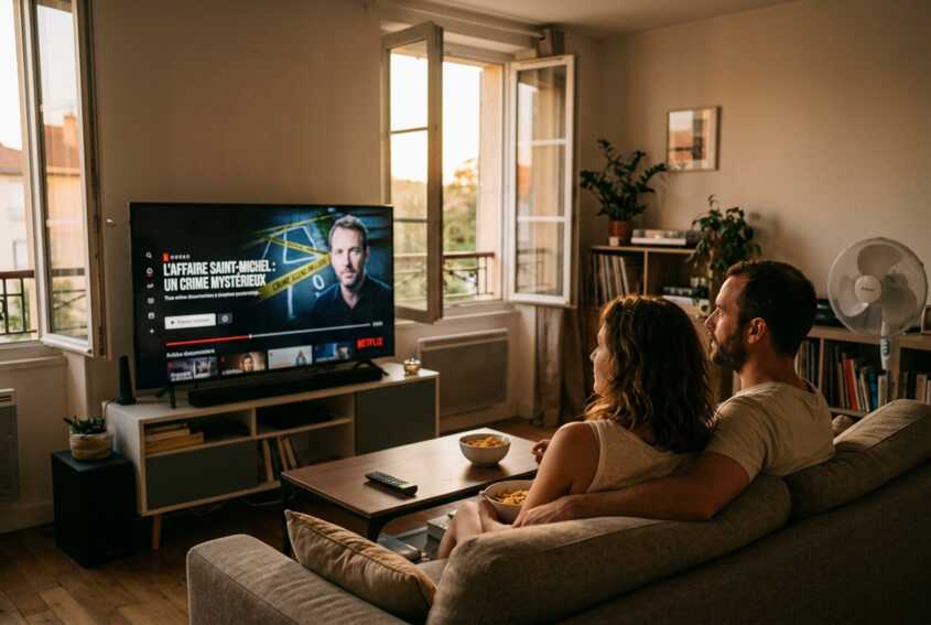 Un couple regarde un documentaire policier à la télévision pendant l'été.