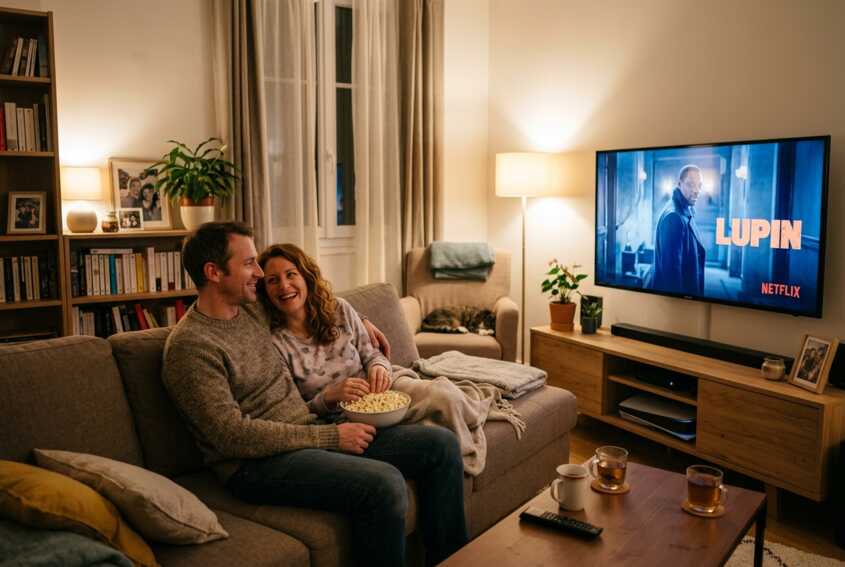 Un couple assis sur un canapé regarde la télévision dans un salon.
