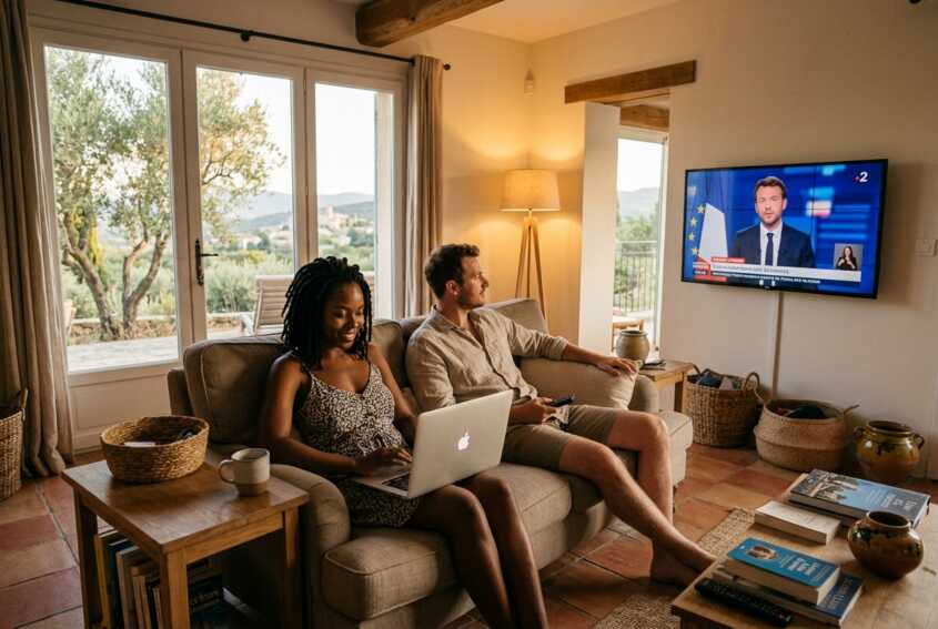 Un couple dans une maison de vacances dans le sud de la France, l'un regarde la télévision, l'autre utilise un ordinateur.