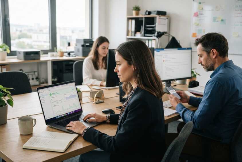 Collaborateurs dans un bureau moderne consultant un ordinateur et un smartphone pour la gestion de la cybersécurité.