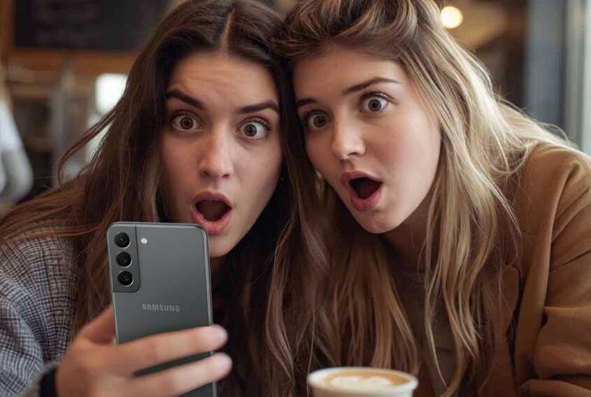 Deux femmes regardent un smartphone Samsung Galaxy A36 avec surprise.