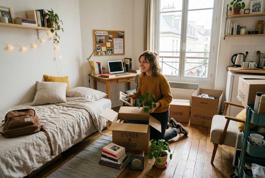 Une étudiante déballe ses cartons dans un studio pour la rentrée universitaire.