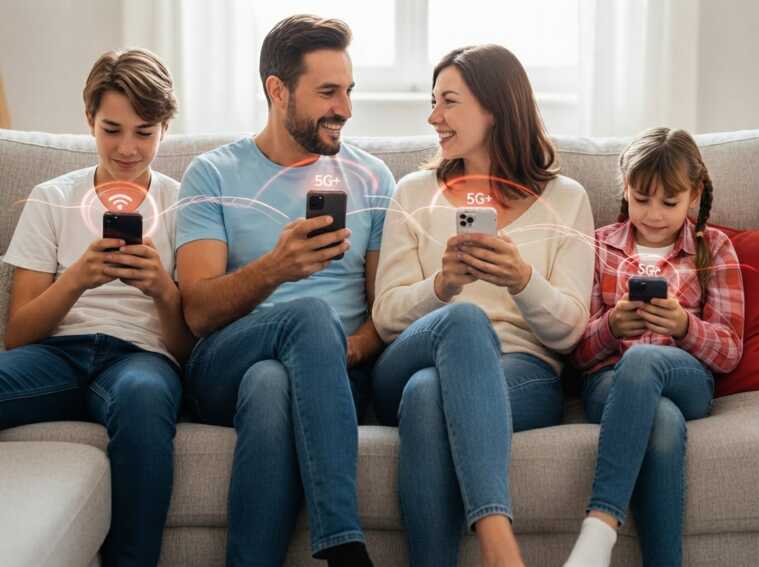 Famille avec smartphone dans canapé, partage ses giga grâce à SFR Multi