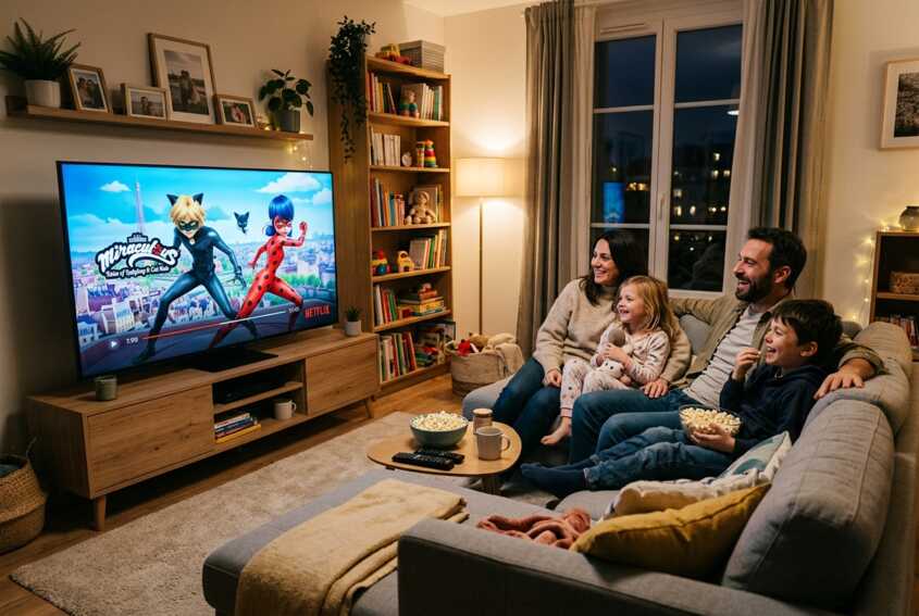 Une famille regarde un dessin animé sur une télévision dans un salon.