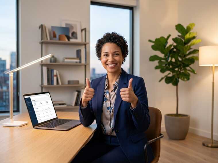 Une femme en costume fait un signe de pouce levé devant un ordinateur portable sur un bureau.