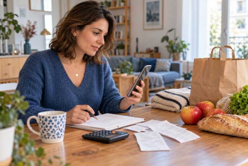 Femme assise à une table avec un smartphone, un carnet, une calculatrice et des courses.