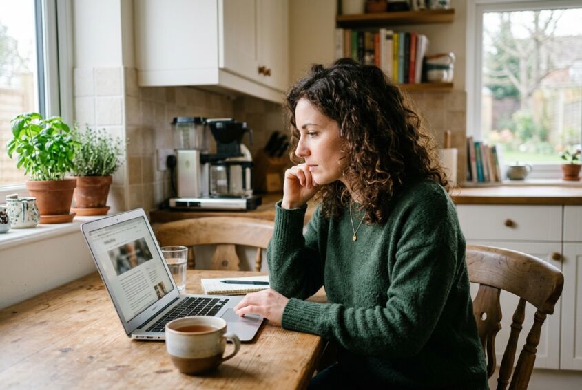 Femme de 30 ans aux cheveux bouclés lisant un article sur un ordinateur dans une cuisine.