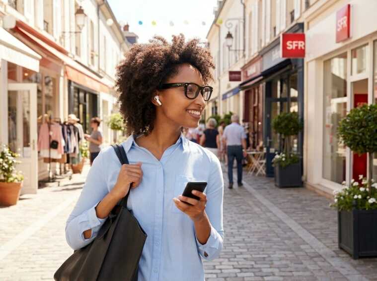 Femme souriante avec un smartphone dans une rue commerçante devant une boutique SFR par une journée ensoleillée.
