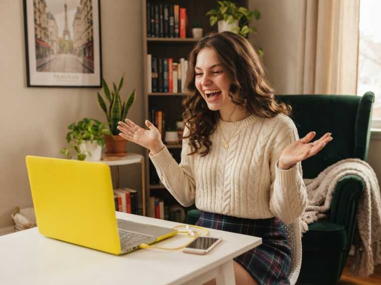 Femme souriante devant un ordinateur portable dans un salon avec une bibliothèque et un fauteuil.