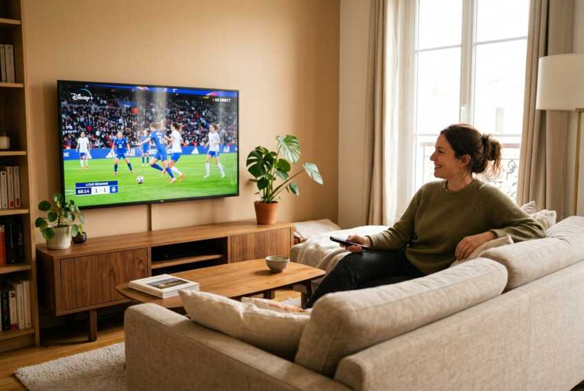 Une femme assise dans un salon regarde un match de football féminin sur un téléviseur.