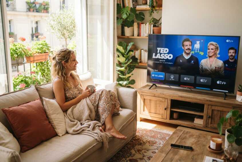 Une femme regarde la télévision dans un salon éclairé par la lumière du jour.