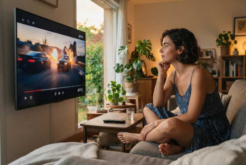 Femme brune aux cheveux courts regardant un film d'action sur un téléviseur en été.