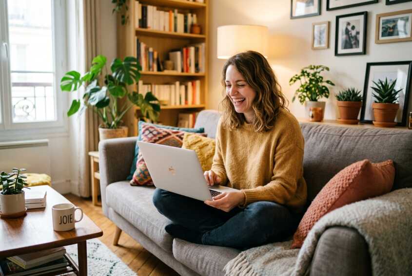 Une femme assise dans un salon utilise un ordinateur portable.