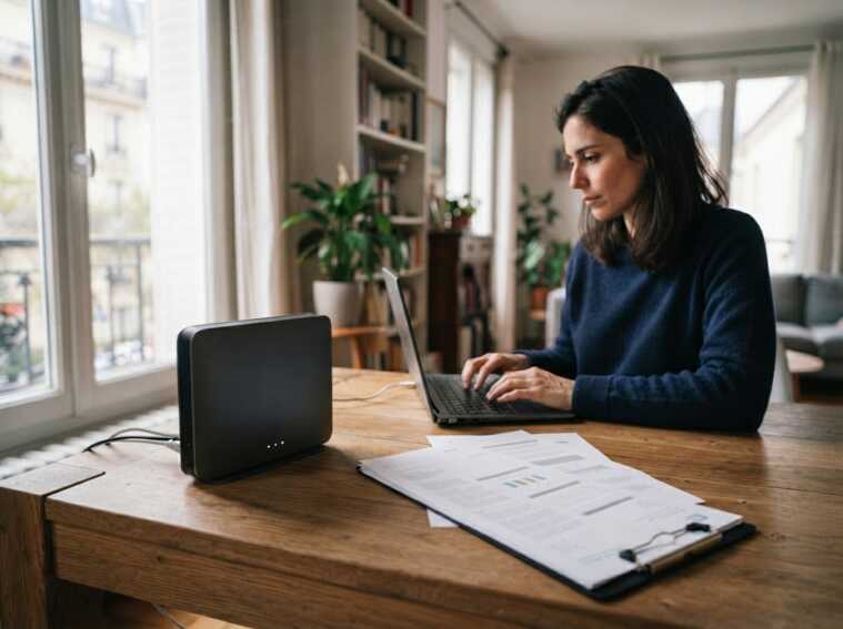 Une femme travaille sur un ordinateur portable à une table où est posée une box internet.
