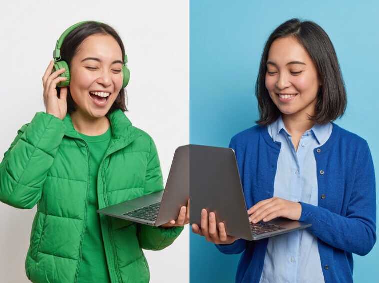 Deux femmes utilisant des ordinateurs portables, vêtues de vêtements verts et bleus.