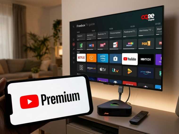 Smartphone affichant YouTube Premium devant une télévision connectée à un boîtier Freebox avec l'interface OQEE.