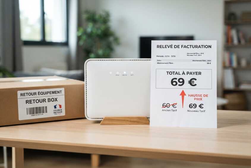 Box fibre avec une facture affichant une hausse de 60 € à 69 € et un carton de retour d'équipement.