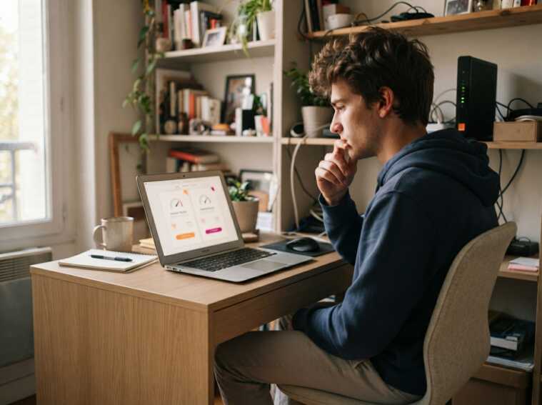 Homme assis à un bureau moderne avec un ordinateur portable devant une étagère.