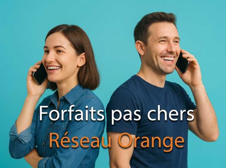 Homme et femme dos à dos au téléphone, souriants car forfaits pas chers sur réseau Orange via YouPrice