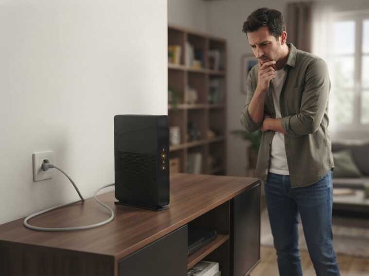 Un homme debout regarde une box internet branchée sur un meuble.