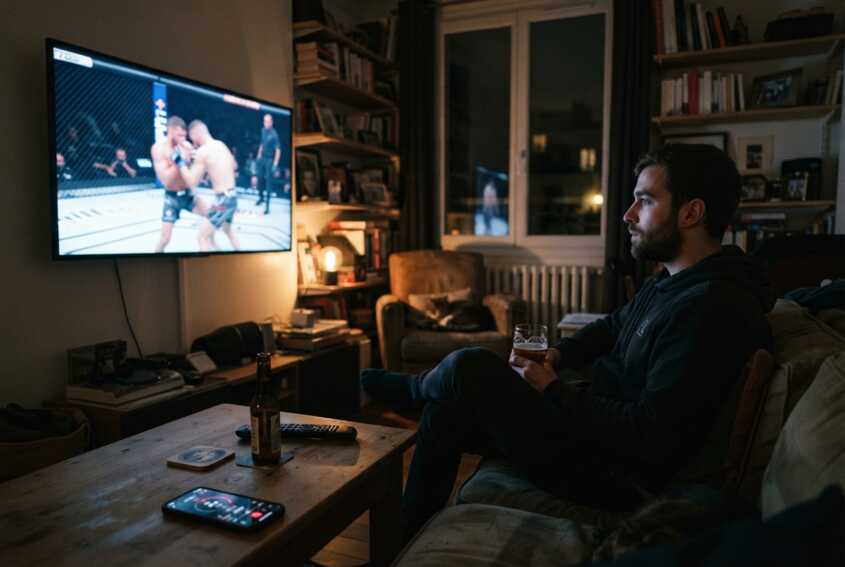 Un homme regarde un combat de MMA à la télévision dans un salon le soir.