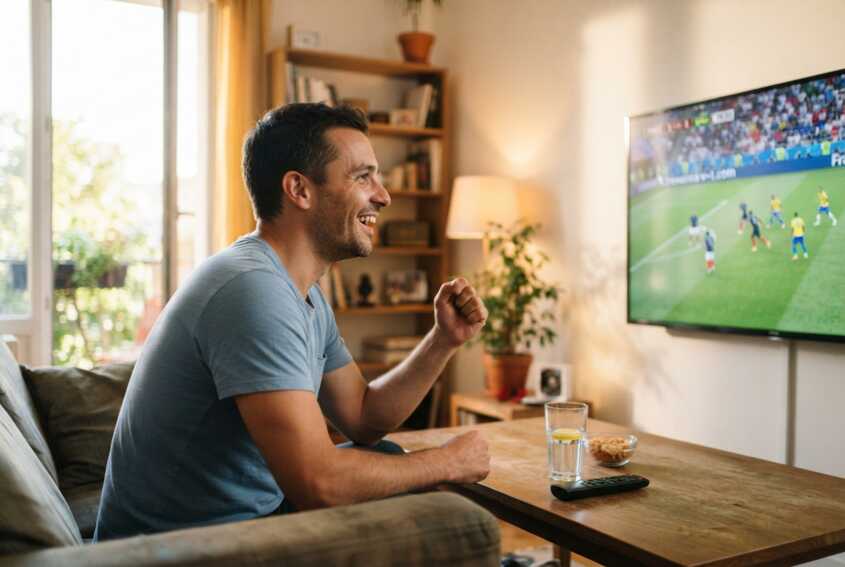 Un homme assis dans un salon regarde un match de football à la télévision pendant la saison estivale.