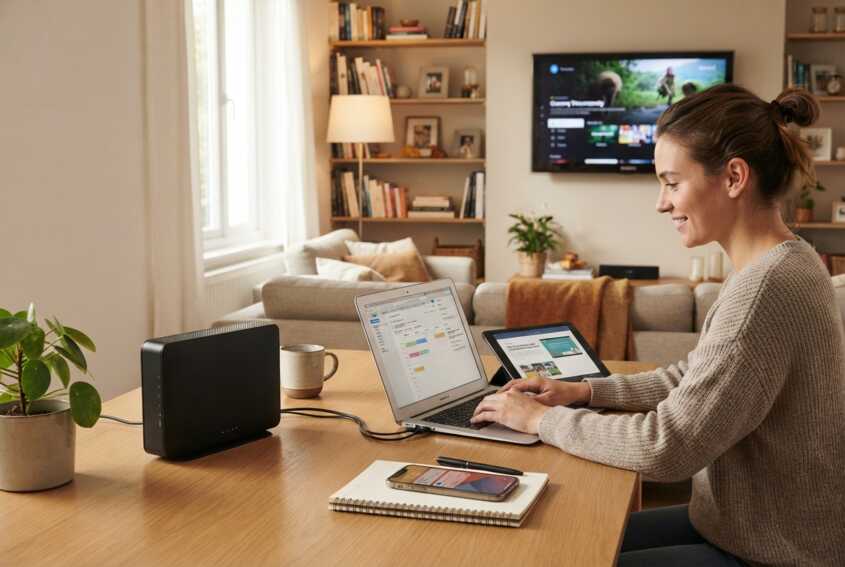 Ordinateur, tablette et smartphone sur un bureau avec une box fibre dans un salon familial.