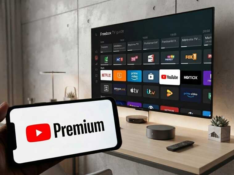 Smartphone affichant YouTube Premium devant un téléviseur avec l'interface OQEE by Free et un boîtier Freebox Pop.