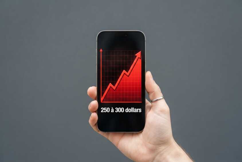 iPhone 18 Pro affichant un graphique rouge de hausse de 250 à 300 dollars sur fond uni.