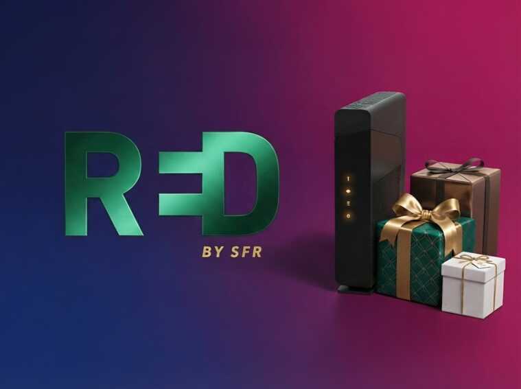 Logo RED by SFR en vert avec une box internet et des cadeaux sur fond dégradé.