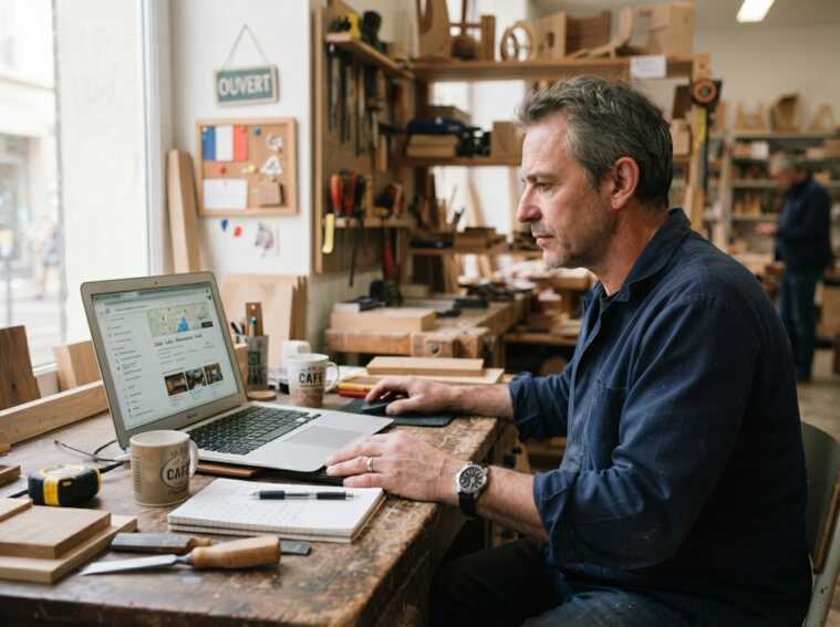 Un menuisier travaille sur un ordinateur portable posé sur son établi dans son atelier.