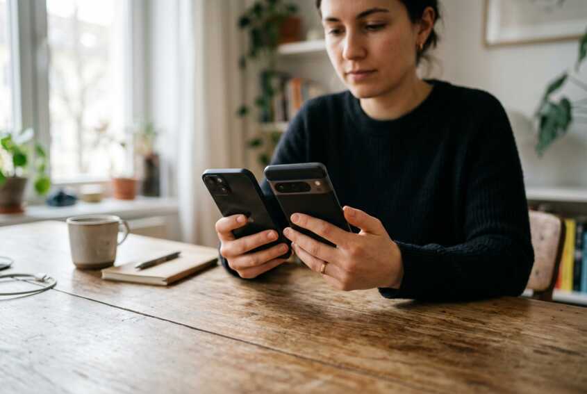 Une personne tient un iPhone et un Google Pixel au-dessus d'une table lors d'un transfert de données.