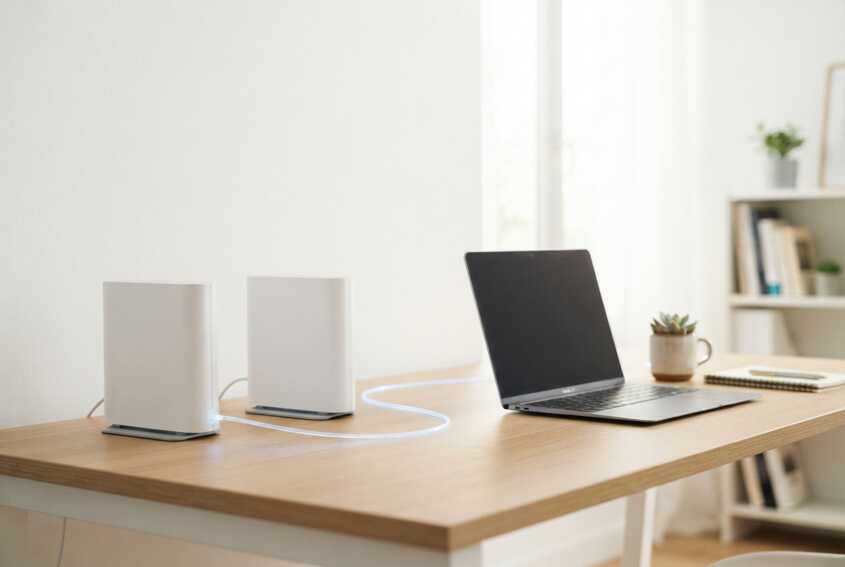 Deux box internet reliées par une fibre optique lumineuse avec des appareils connectés en arrière-plan sur fond clair.