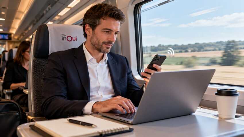 Un homme travaille sur son ordinateur portable dans le TGV en partageant sa connexion 5G d'Orange