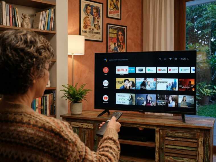 Une personne de dos utilise une télécommande devant un téléviseur affichant l'interface d'accueil Android TV.